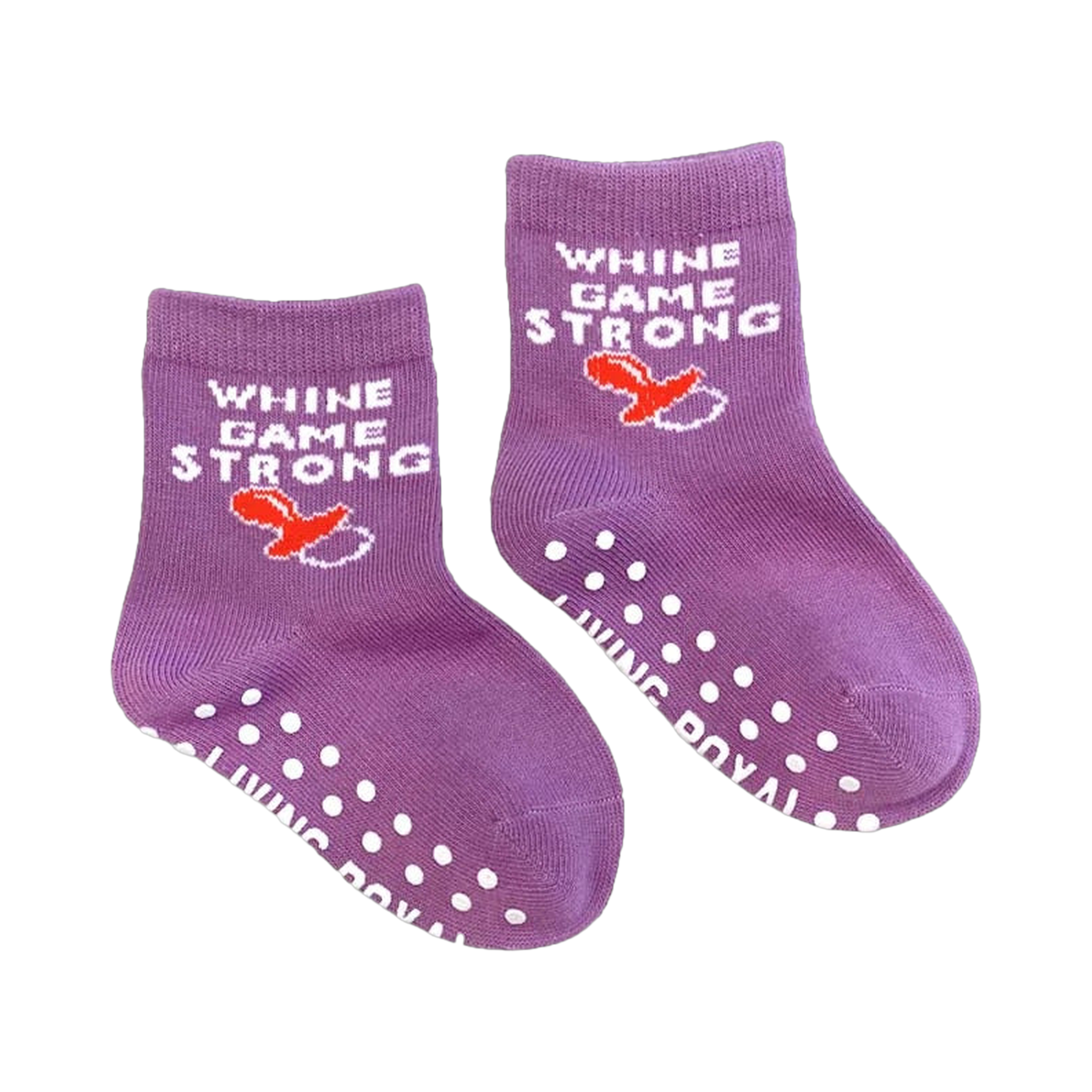 A flatlay studio shot of two mini 'Wine Game Strong' socks with grippers on the bottom. 