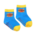Pair of child's 'Sidekick' socks. Blue with yellow cuffs and grip dots.