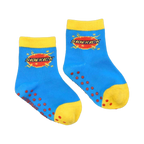 Pair of child's 'Sidekick' socks. Blue with yellow cuffs and grip dots.