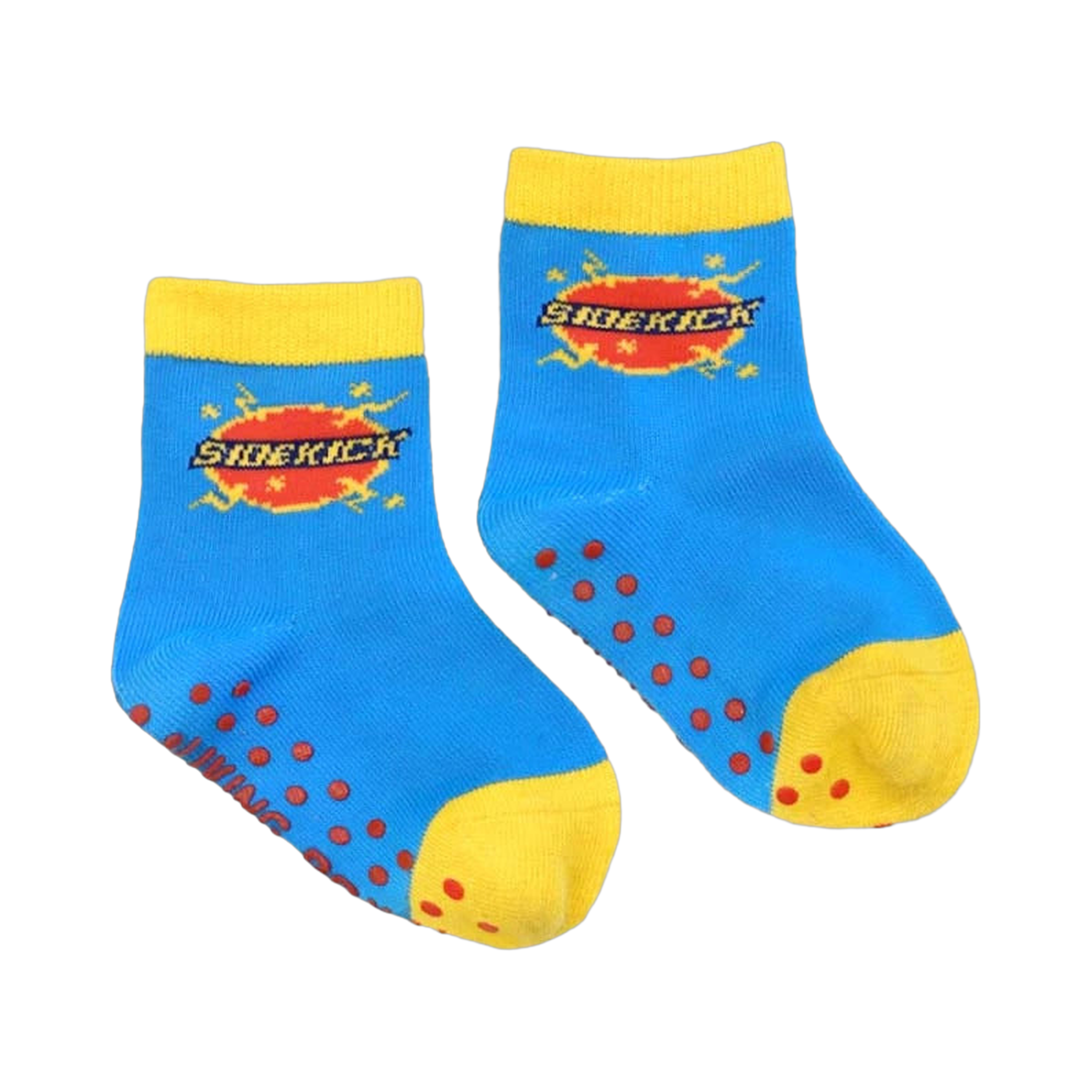 Pair of child's 'Sidekick' socks. Blue with yellow cuffs and grip dots.