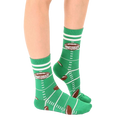 Close-up of adult 'Quarterback' socks, showcasing the green field design and details. [lf]