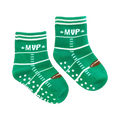 Flat lay of mini 'MVP' socks with gripper dots on the soles. Shows the small size and design details.