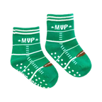 Flat lay of mini 'MVP' socks with gripper dots on the soles. Shows the small size and design details.