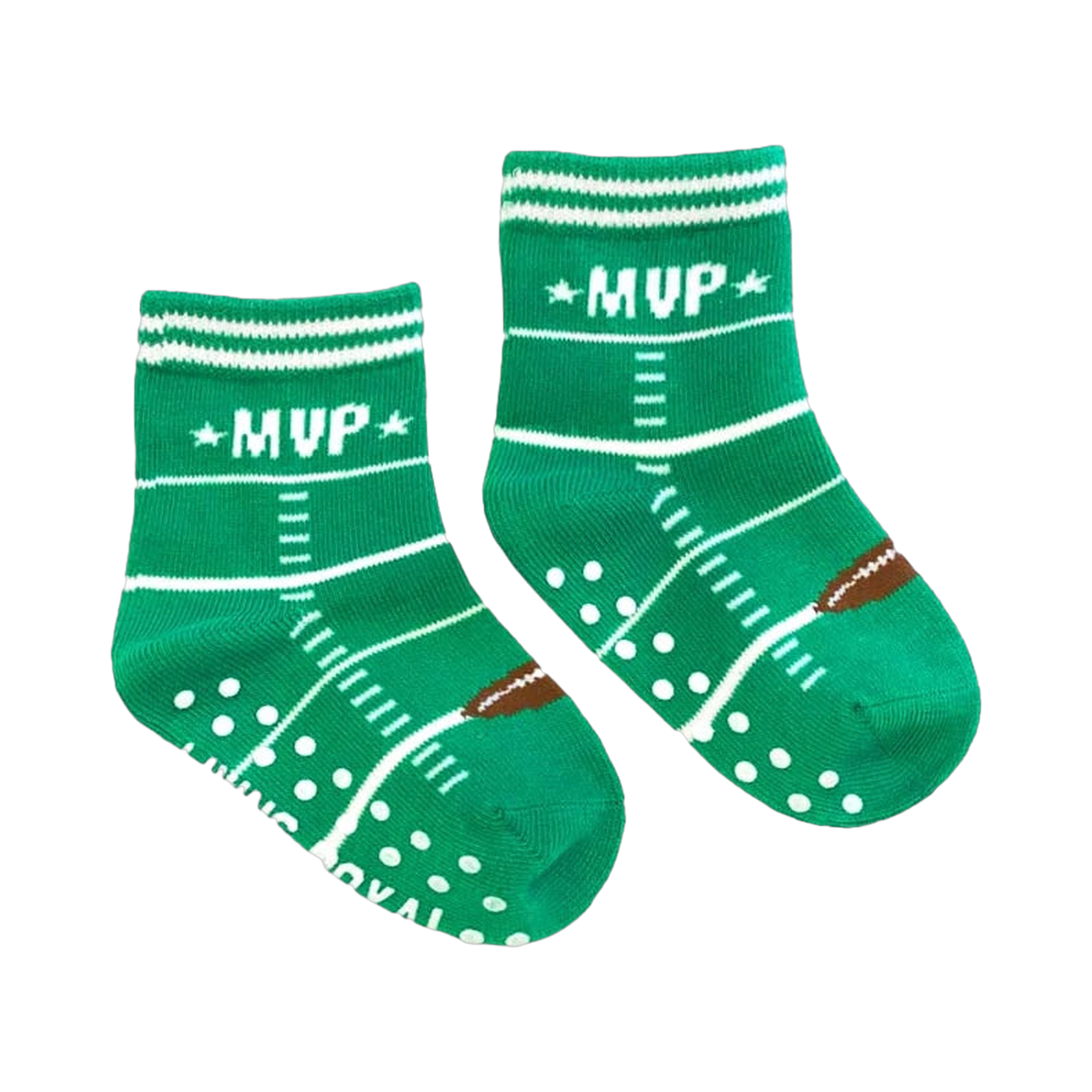 Flat lay of mini 'MVP' socks with gripper dots on the soles. Shows the small size and design details.
