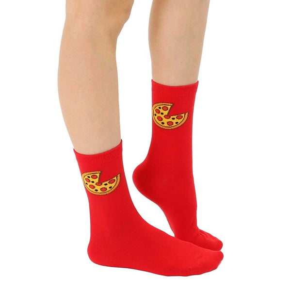 Close-up of adult red pizza socks. Shows the pizza slice detail clearly. [lf]