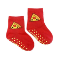 Pair of red baby/toddler pizza socks with grippers on the soles.