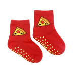 Pair of red baby/toddler pizza socks with grippers on the soles.