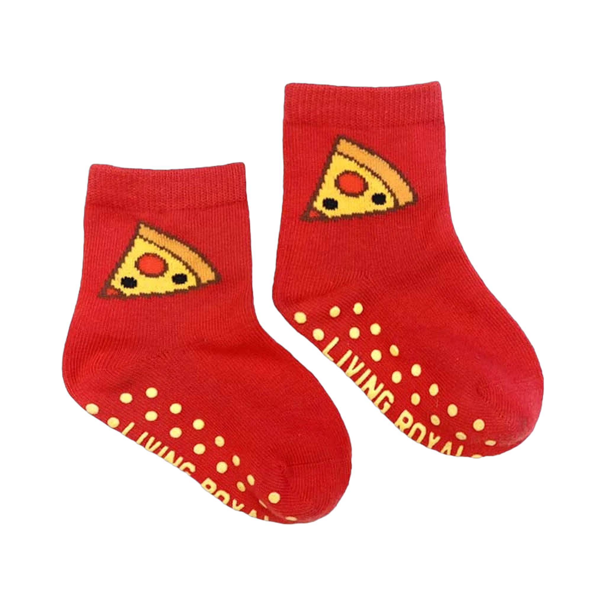 Pair of red baby/toddler pizza socks with grippers on the soles.