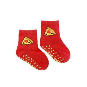 A pair of red baby socks with a pizza pattern. The socks have a non-slip sole.