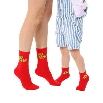 fun pizza me and mini crew socks with pattern of pizza slices in yellow with pepperoni, red sauce, and cheese. unisex design in kids, womens, and mens sizes.   