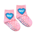 Pair of small pink polka dot socks for babies and toddlers. Features a blue heart with 'Best' written on it.