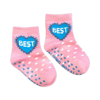 Pair of small pink polka dot socks for babies and toddlers. Features a blue heart with 'Best' written on it.