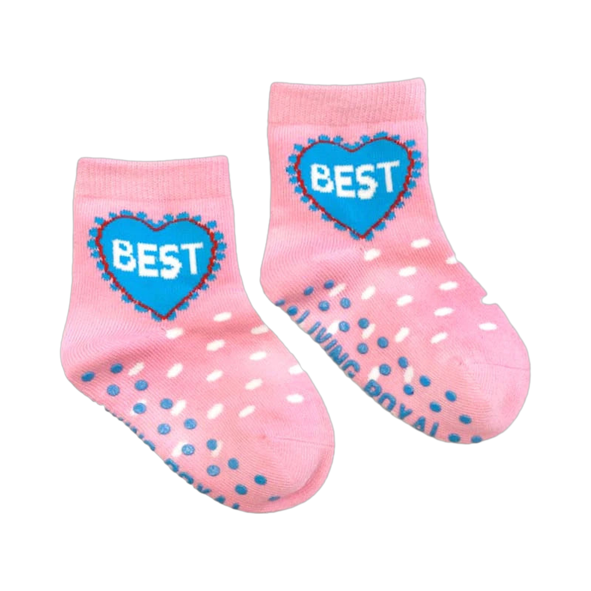 Pair of small pink polka dot socks for babies and toddlers. Features a blue heart with 'Best' written on it.
