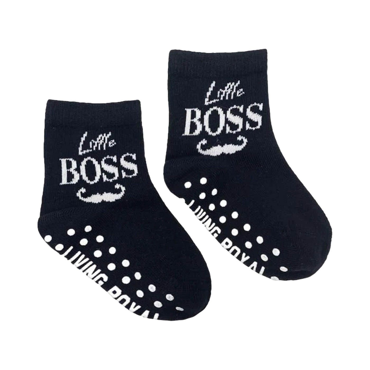 Flat lay product shot showing a pair of 'Little Boss' baby socks with grippers on the soles.