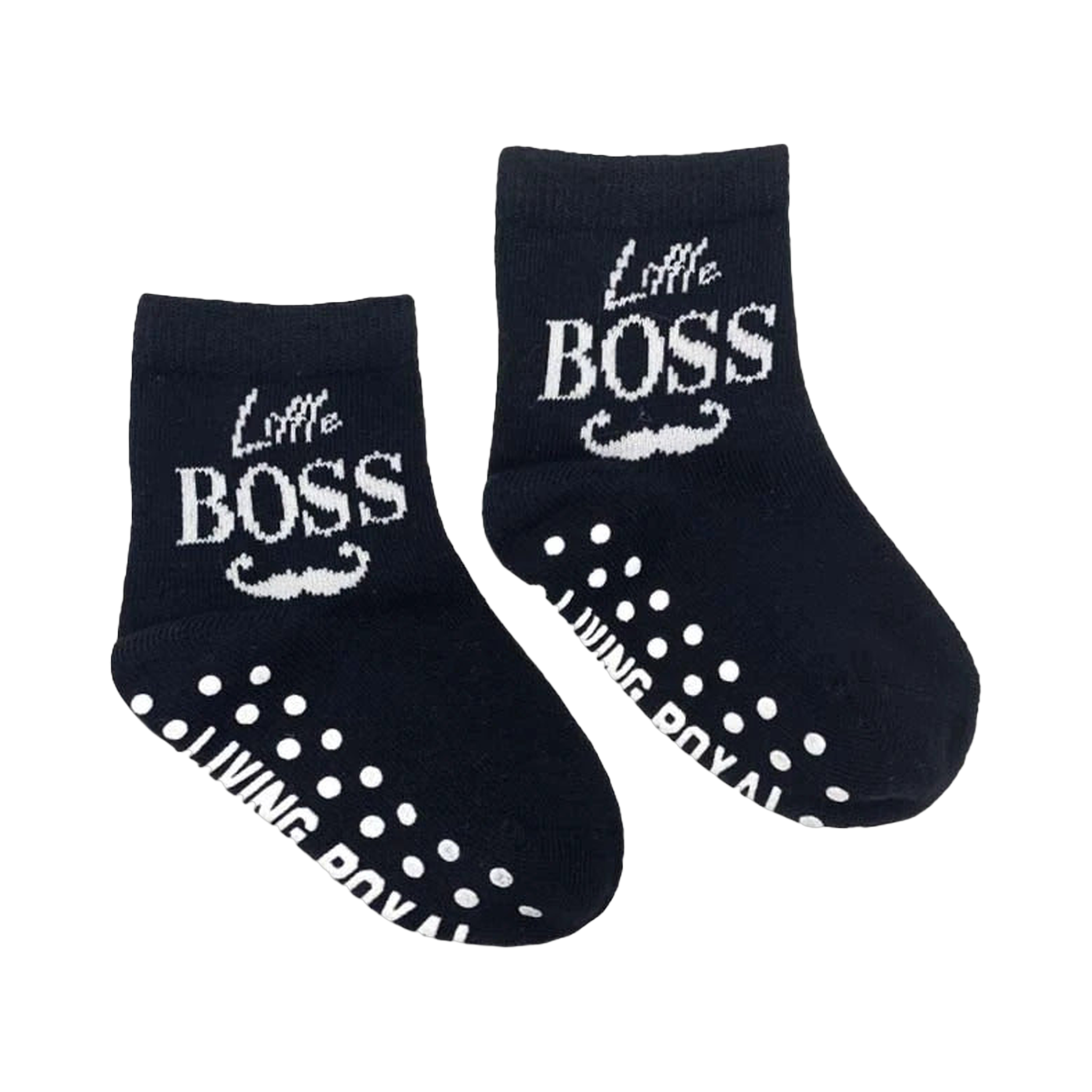 Flat lay product shot showing a pair of 'Little Boss' baby socks with grippers on the soles.