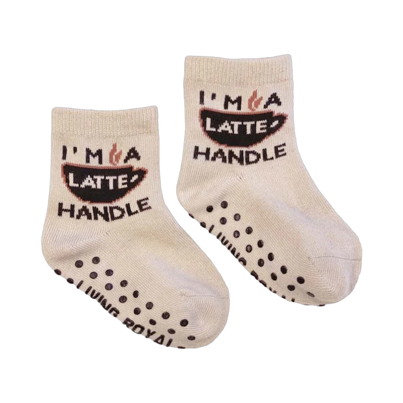 A pair of mini 'Coffee Me And Mini' socks; shows the grippers on the bottom.