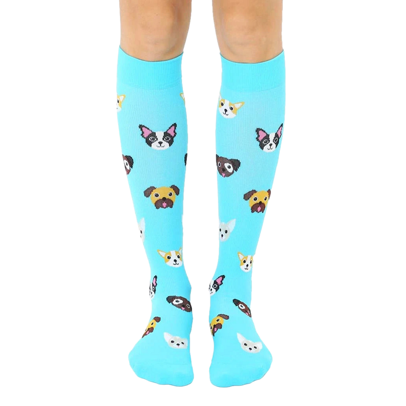 Pair of light blue knee-high socks with a pattern of cute cartoon dog faces. The dogs are various breeds and colors. [lf]