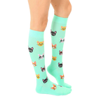 Lifestyle photo showing the cat socks on a person's legs. [lf]