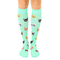 Pair of mint green knee-high socks with a pattern of cute, colorful cat faces. [lf]