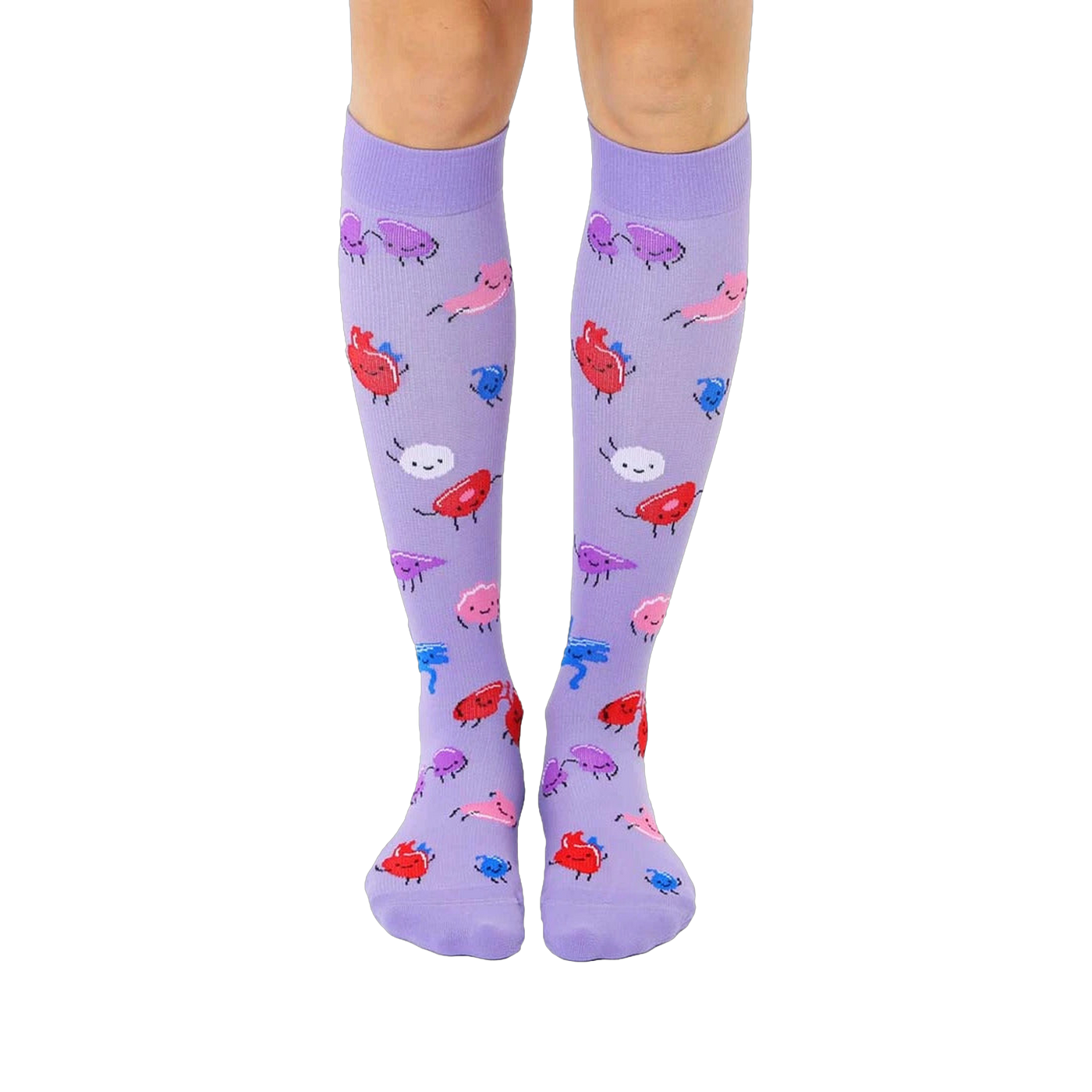 Pair of lavender knee-high socks with a fun pattern of cartoon blood cells in pink, red, and blue.