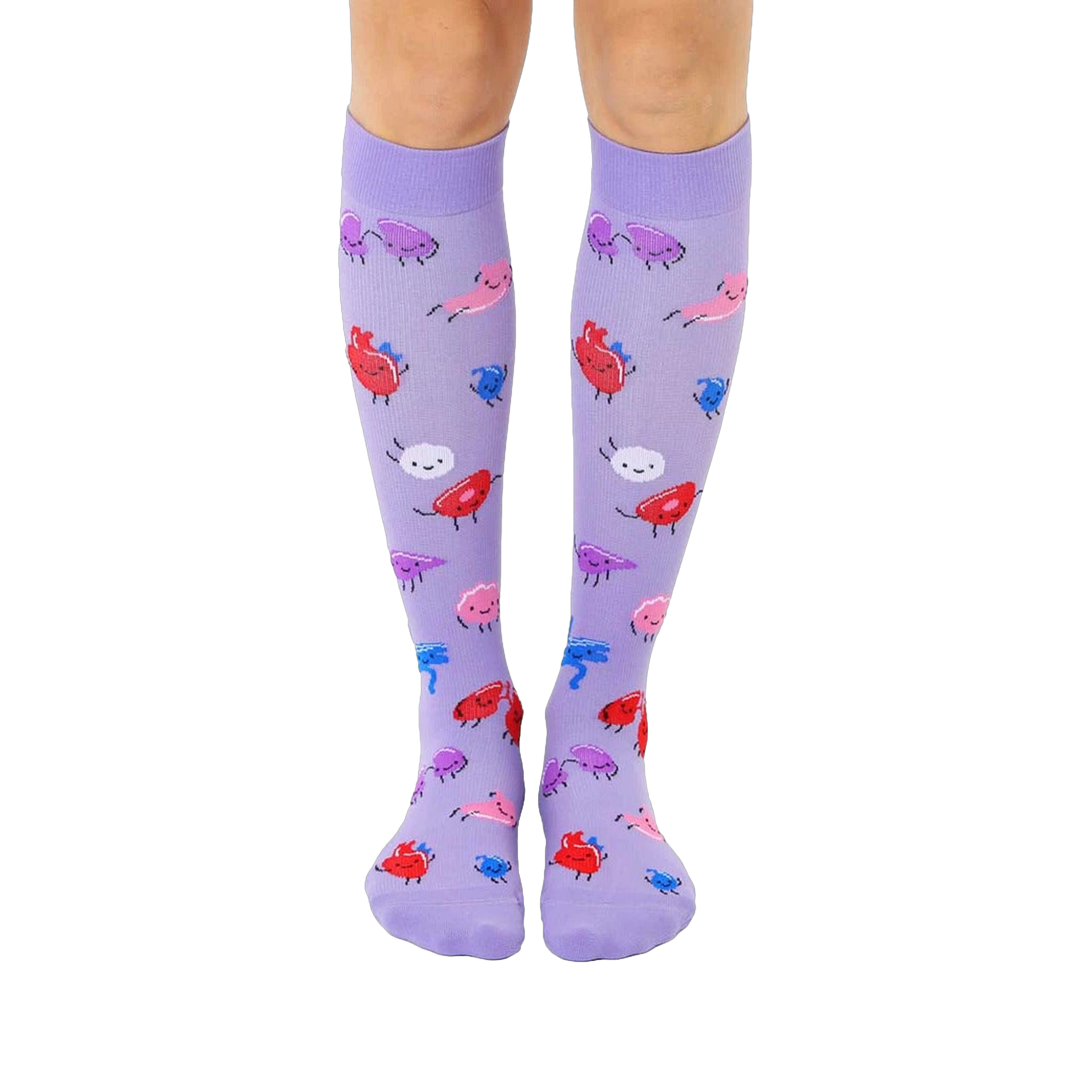 Pair of lavender knee-high socks with a fun pattern of cartoon blood cells in pink, red, and blue.