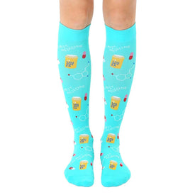 blue knee-high socks for women with yellow, pink, white and red chemical structure and pill pattern.   