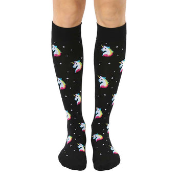 black knee-high socks with rainbow unicorn heads for men and women.  