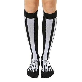 x-ray knee high socks with white bone pattern on a black background; medical theme; for men and women.  
