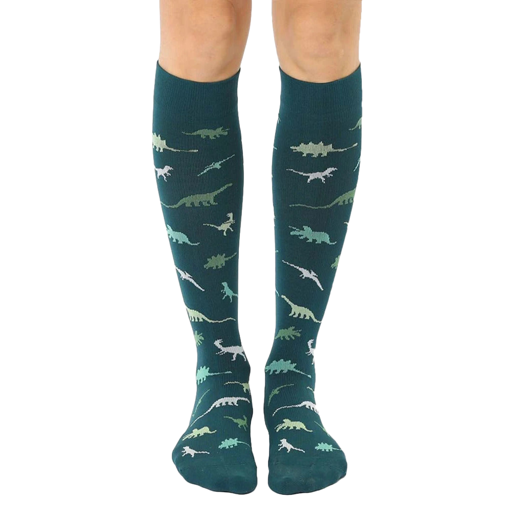 Pair of teal knee-high socks with a pattern of various green and teal dinosaurs. [lf]