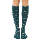 Pair of teal knee-high socks with a pattern of various green and teal dinosaurs. [lf]