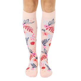 womens knee high floral socks in pink with red, blue, pink flowers and green leaves.  