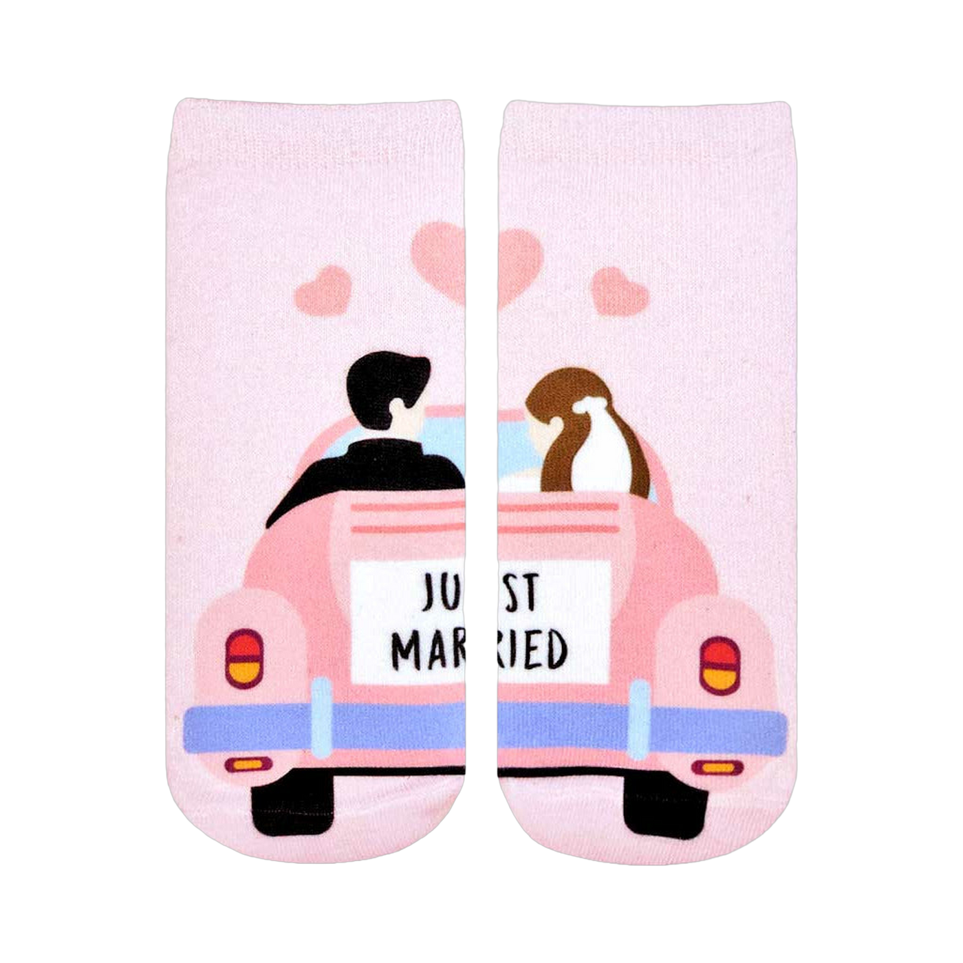 Pink ankle socks showing a cartoon bride and groom in a pink car with 'Just Married' sign.  Sweet wedding-themed design.