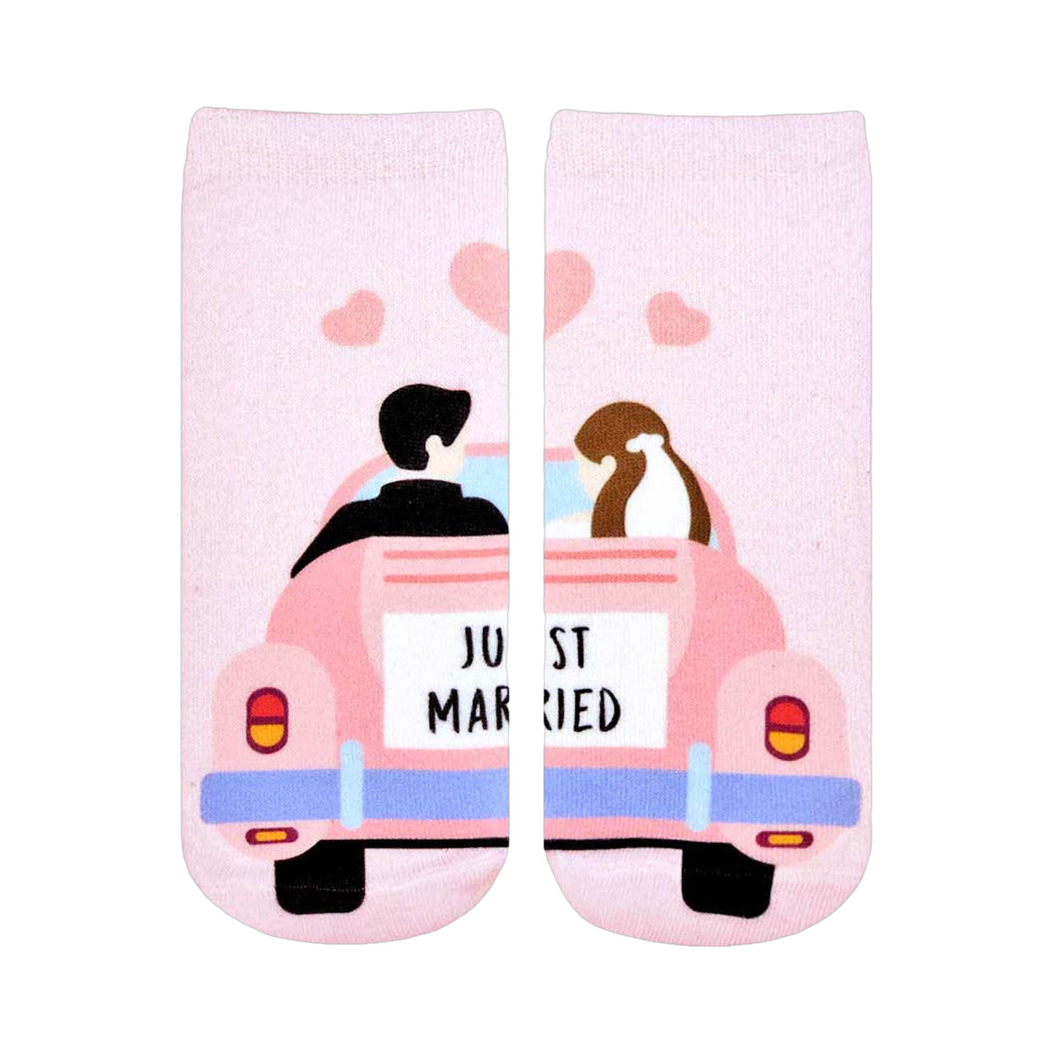 Pink ankle socks showing a cartoon bride and groom in a pink car with 'Just Married' sign.  Sweet wedding-themed design.