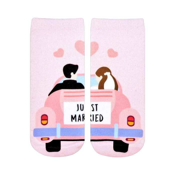 Pink ankle socks showing a cartoon bride and groom in a pink car with 'Just Married' sign.  Sweet wedding-themed design. }}