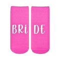 Pair of pink ankle socks with the word 'BRIDE' in white script font across the socks.