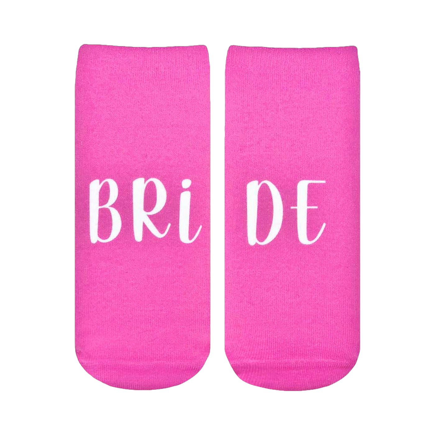 Pair of pink ankle socks with the word 'BRIDE' in white script font across the socks.