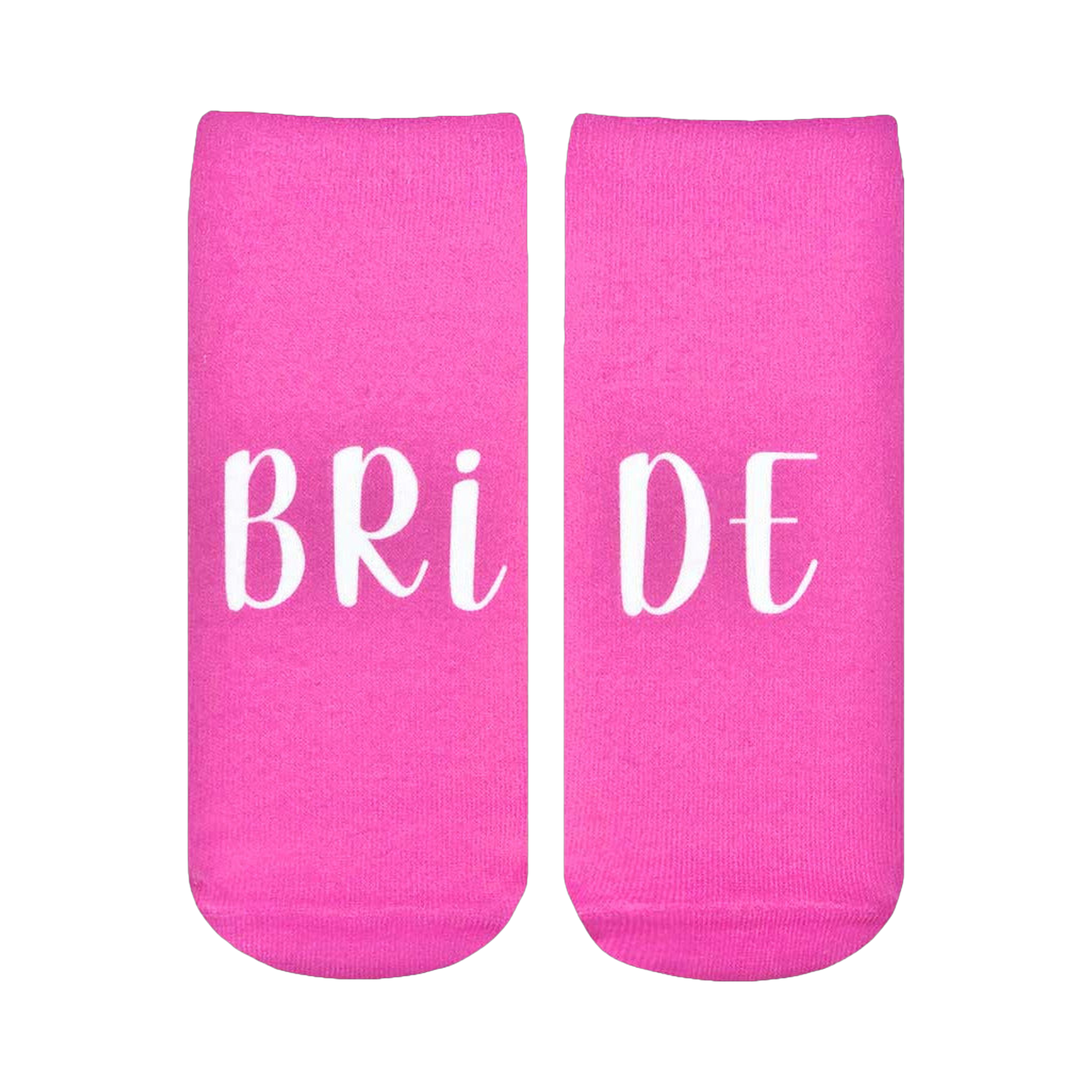 Pair of pink ankle socks with the word 'BRIDE' in white script font across the socks.