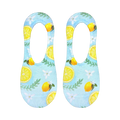 Flat lay product shot of a pair of Classy Lemon no-show socks, showcasing the full lemon and floral print design on a light blue background.