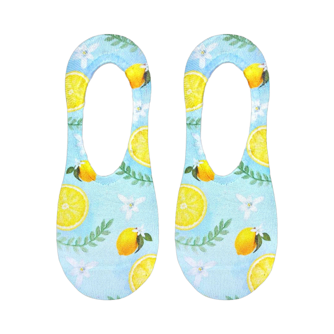 Flat lay product shot of a pair of Classy Lemon no-show socks, showcasing the full lemon and floral print design on a light blue background.