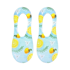 Flat lay product shot of a pair of Classy Lemon no-show socks, showcasing the full lemon and floral print design on a light blue background.