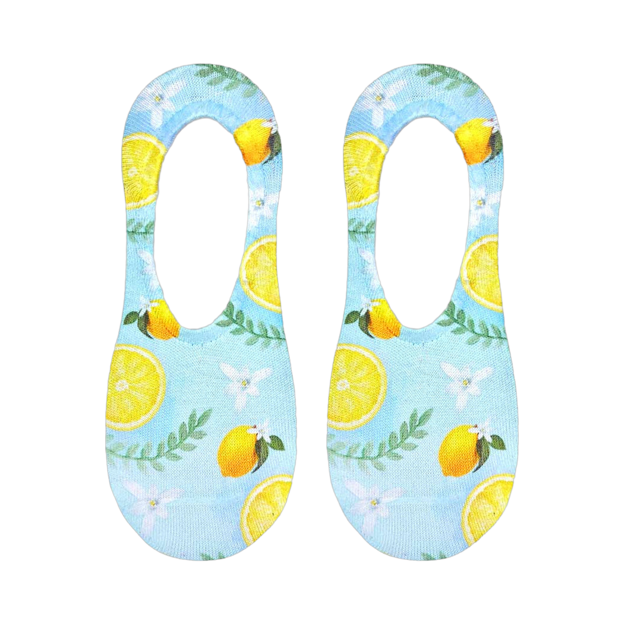 Flat lay product shot of a pair of Classy Lemon no-show socks, showcasing the full lemon and floral print design on a light blue background.