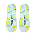 Close-up showcasing the sole of the Classy Lemon no-show socks, revealing the 'LIVING ROYAL' text incorporated into the design.