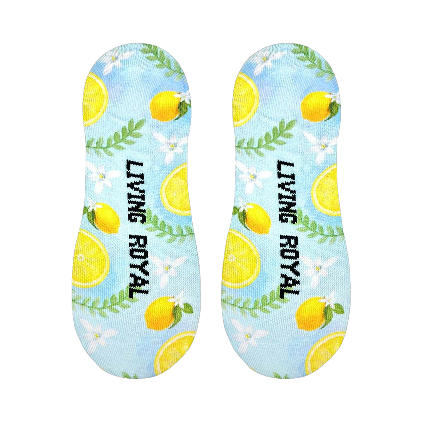 Close-up showcasing the sole of the Classy Lemon no-show socks, revealing the 'LIVING ROYAL' text incorporated into the design.