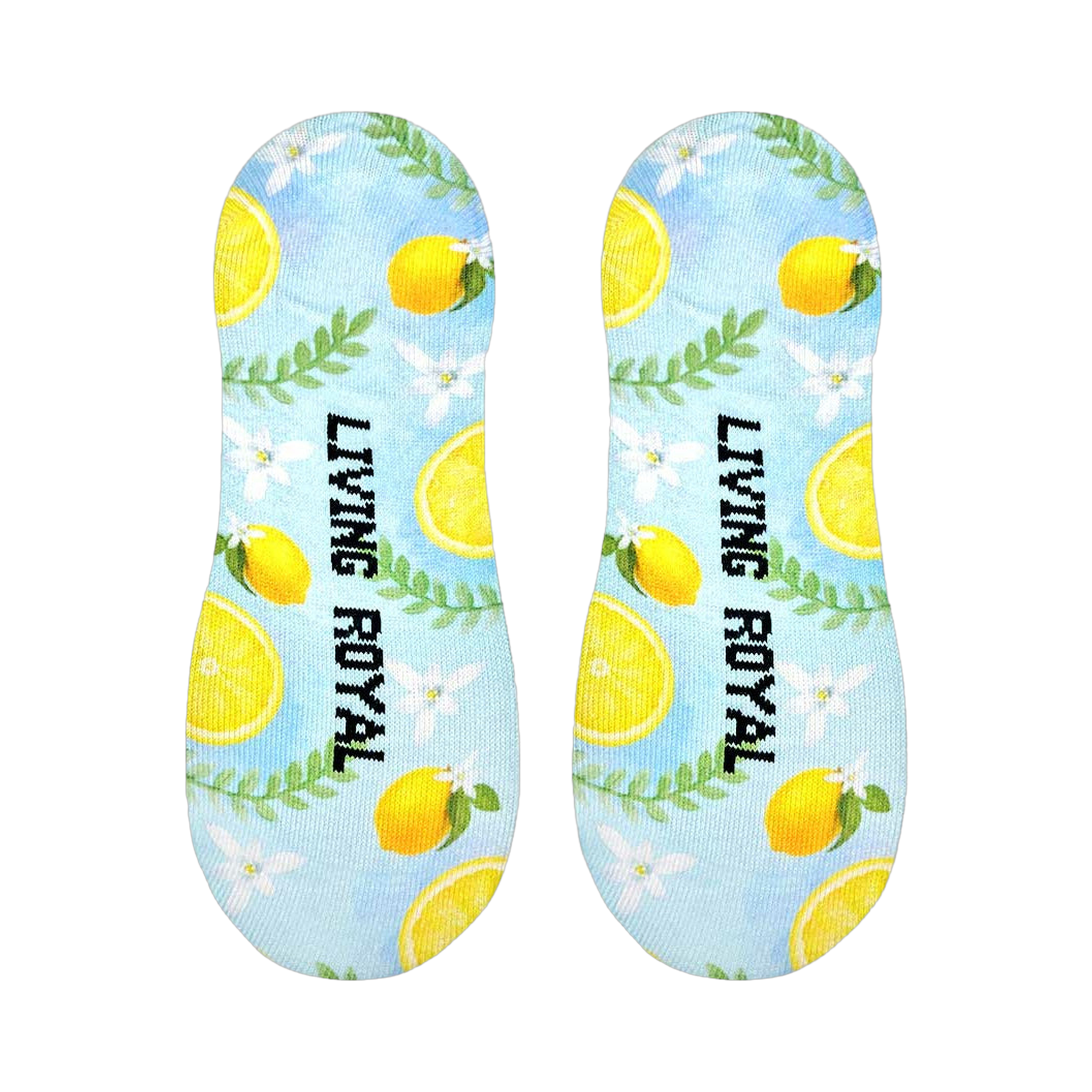 Close-up showcasing the sole of the Classy Lemon no-show socks, revealing the 'LIVING ROYAL' text incorporated into the design.