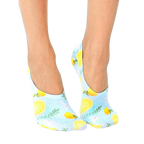 Pair of women's no-show socks in light blue with a pattern of yellow lemons and white flowers. These are low-cut socks perfect for summer. [lf]