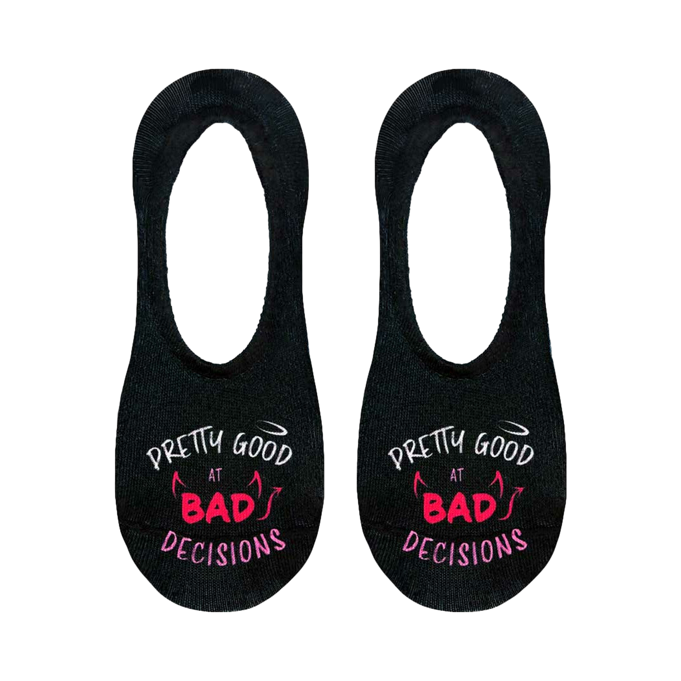 Flat lay product shot showing the detail of the 'Bad Decisions' no-show socks.