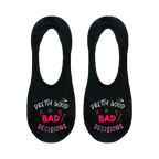 Flat lay product shot showing the detail of the 'Bad Decisions' no-show socks.