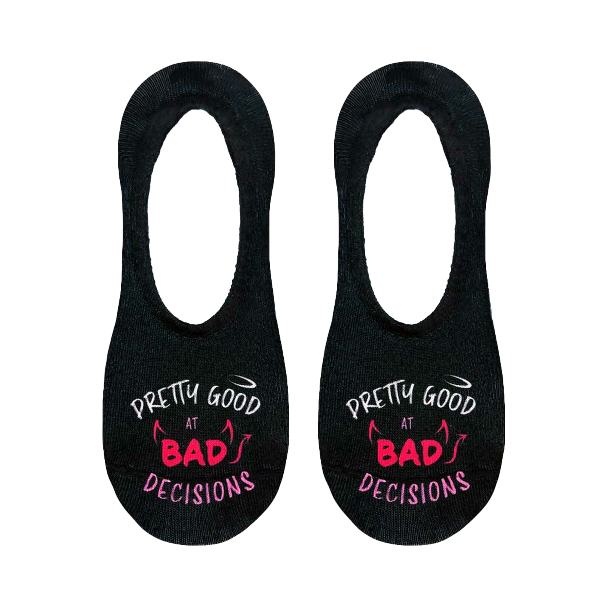 Flat lay product shot showing the detail of the 'Bad Decisions' no-show socks.