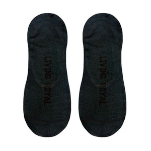 A pair of black no-show socks with the words 