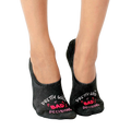 Pair of black no-show socks with a pink 'Pretty good at bad decisions' slogan and small devil horns graphic. [lf]